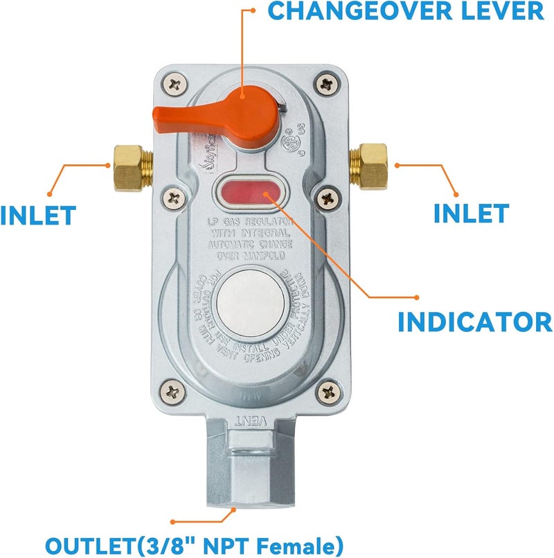 Skyflame مجموعة منظم غاز البروبان الأوتوماتيكي ذو المرحلتين مع 2 قطعة من العدادات وخرطوم توصيل مضفر بطول 12 بوصة لخزانات البروبان المزدوجة لمقطورات RV وكامبر - Image 3